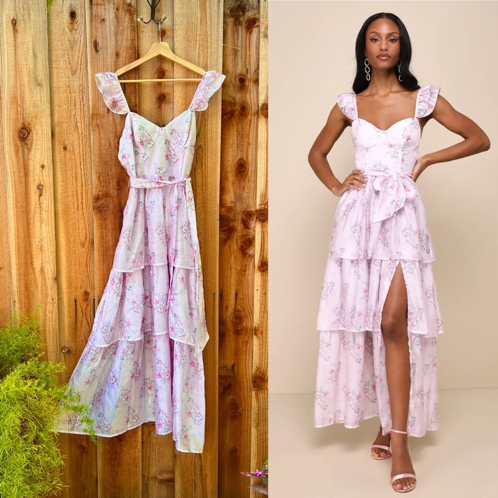 Lilac Pink Floral Ruffled Tiered Bustier Flutter-Sleeve Midi Dress 🌿